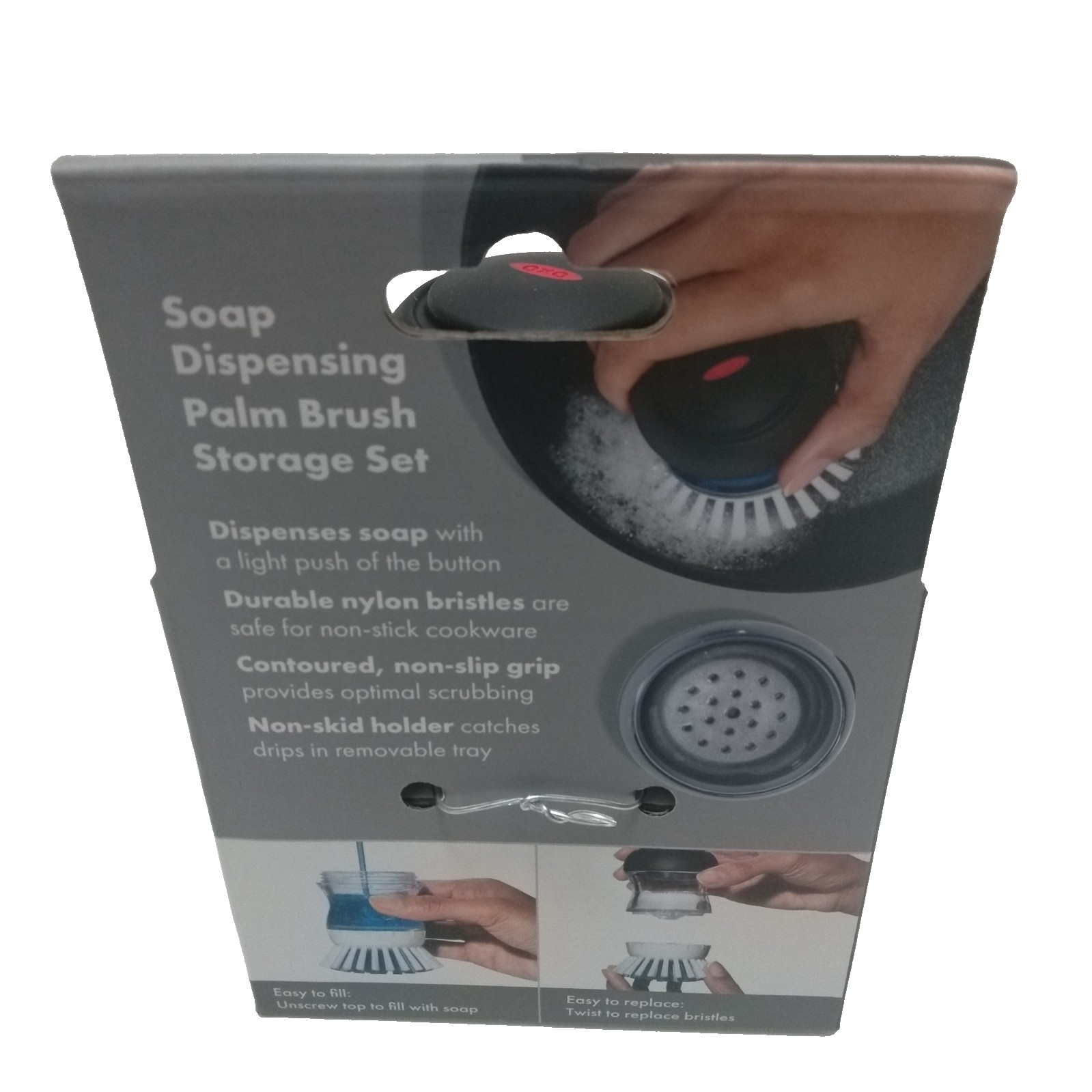 Oxo soap dispensing palm brush storage set and 16 Unbranded Scrub Sponges