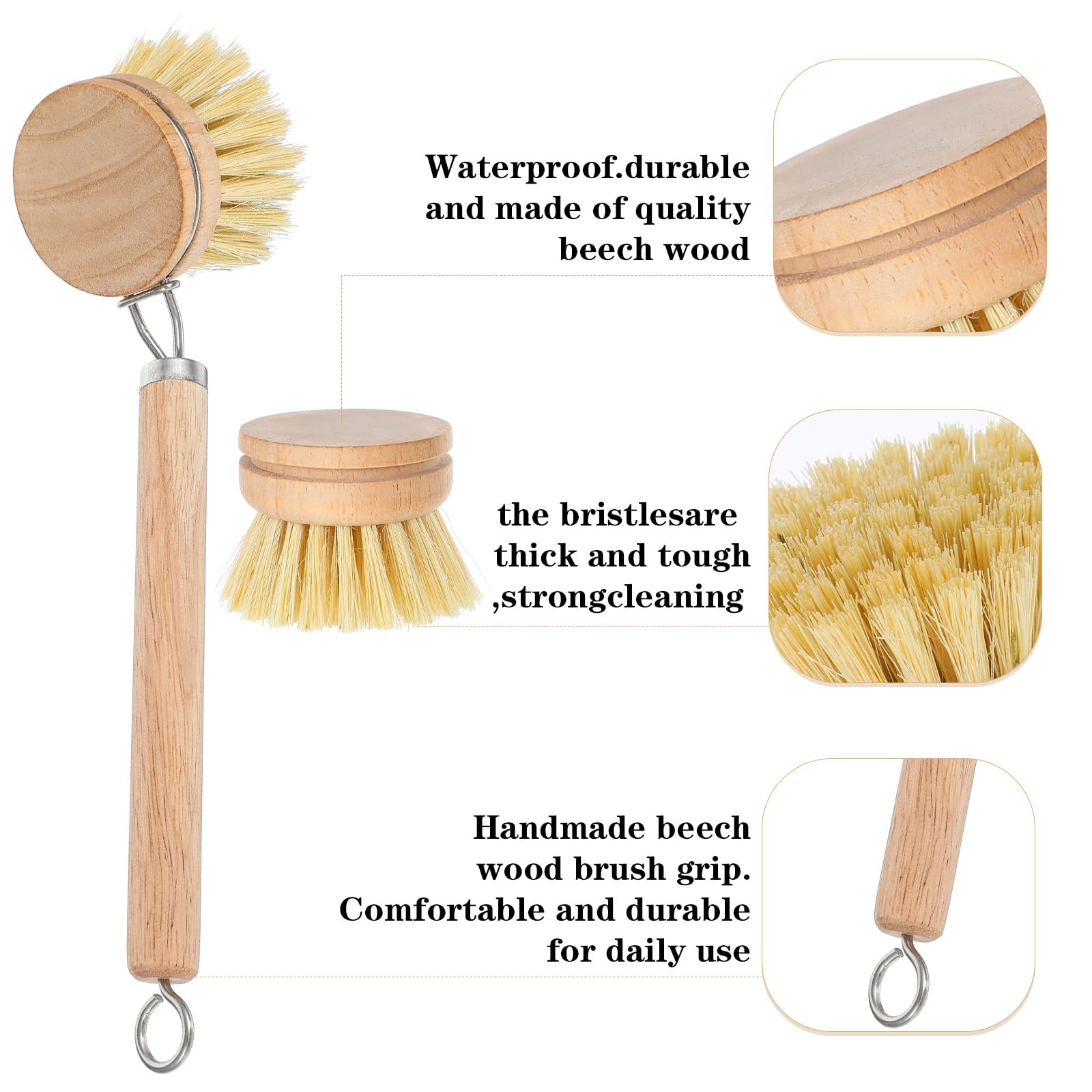 Bamboo Dish Brush with Handle, 10 Pcs Replacement Heads Wooden Kitchen Brush …