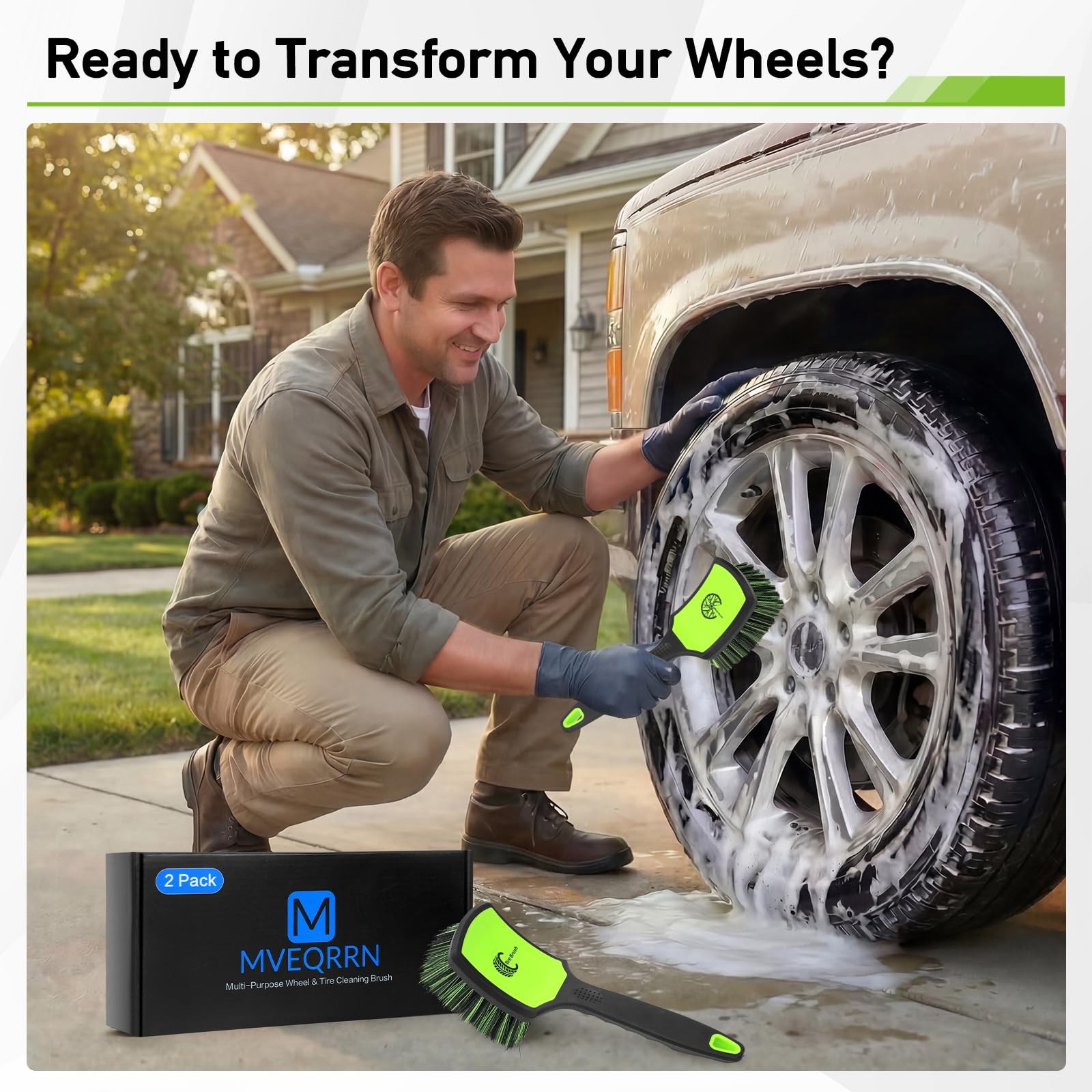 2-Pack Car Wheel & Tire Detailing Brush Set, Soft & Stiff Bristles (Green)