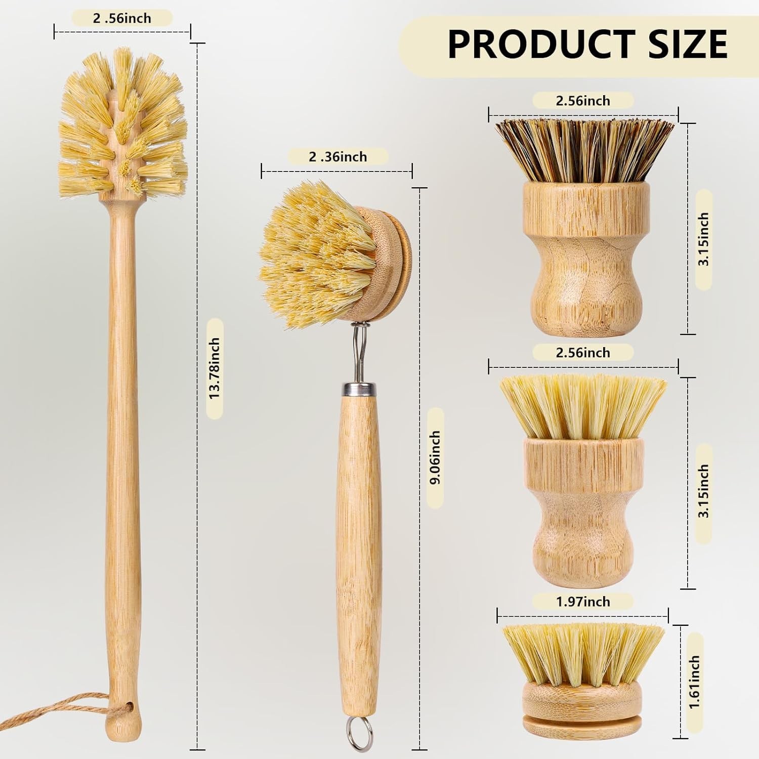 5 Pack Bamboo Dish Brush Set, Wooden Dish Brush with 14’’ Bottle Brush, Natural
