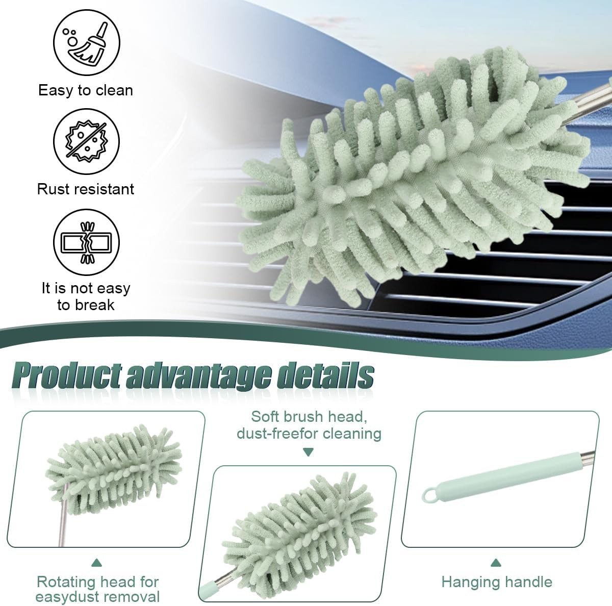 2PCS Car Interior Duster, Soft Chenille Detailing Brush with Extension Pole,