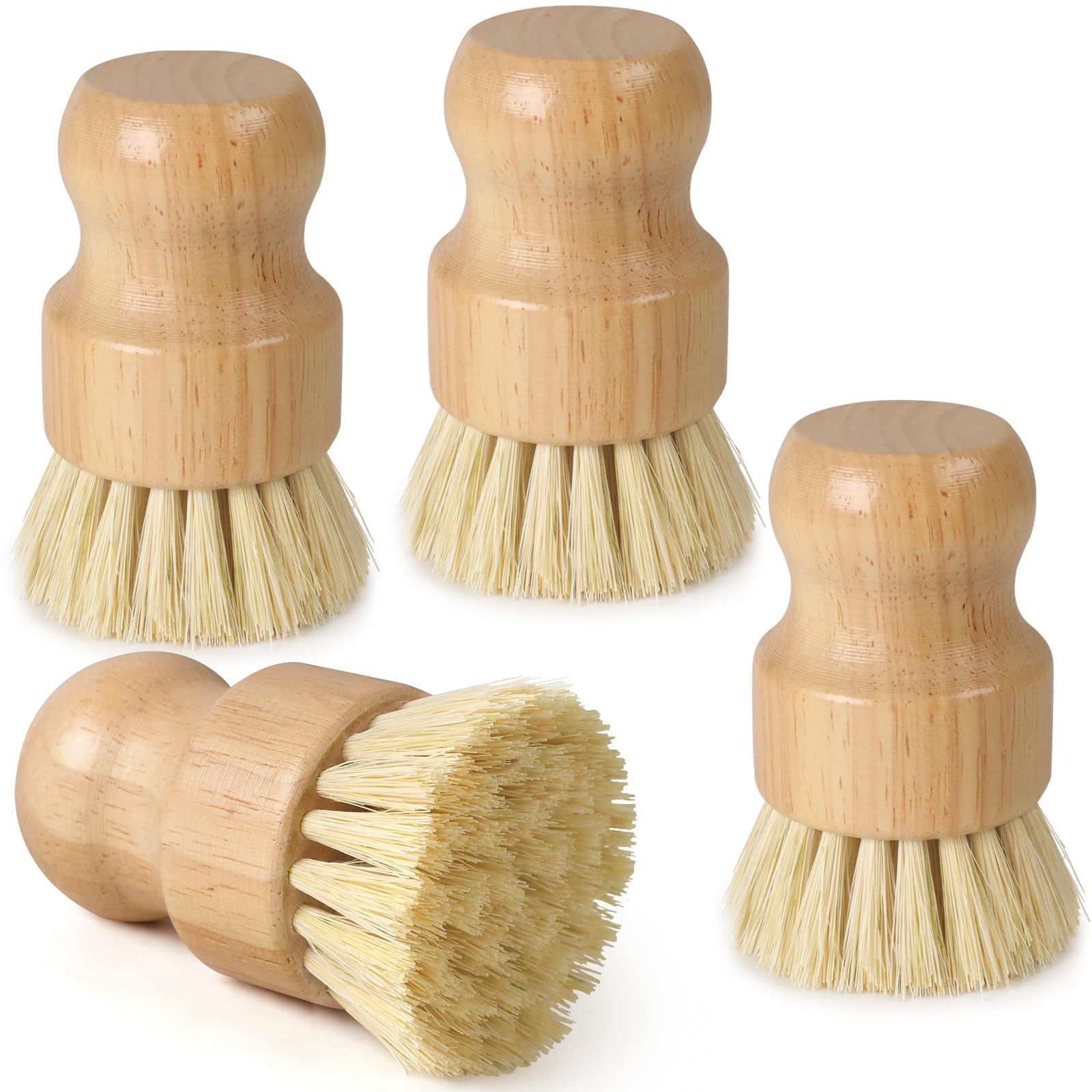 4 Pack Bamboo Dish Brush Set, Natural Kitchen Scrub Brush with Sisal Bristles, W