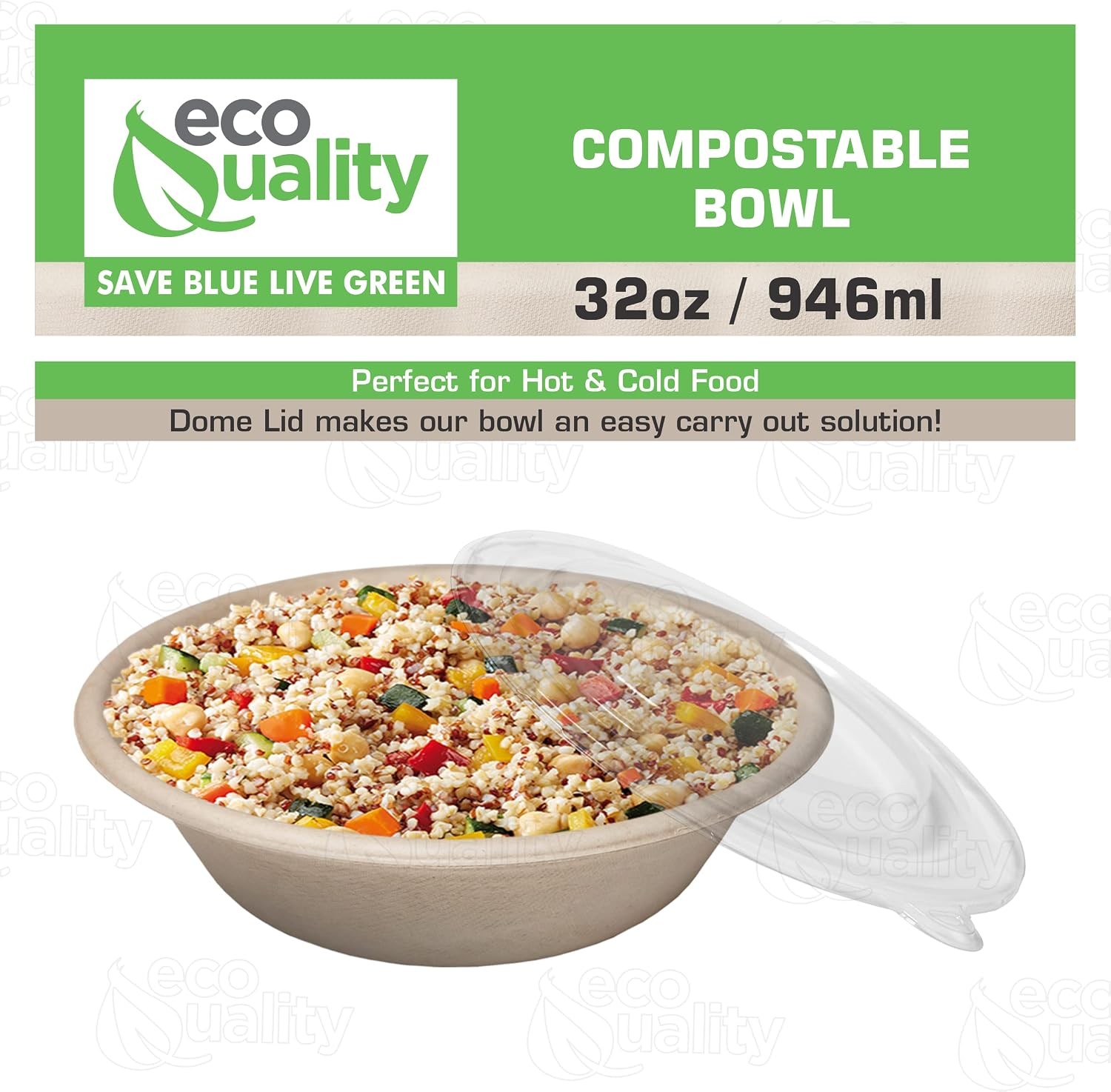 150 Count – EcoQuality 32oz Round Disposable Bowls with Dome Lids Natural Suga