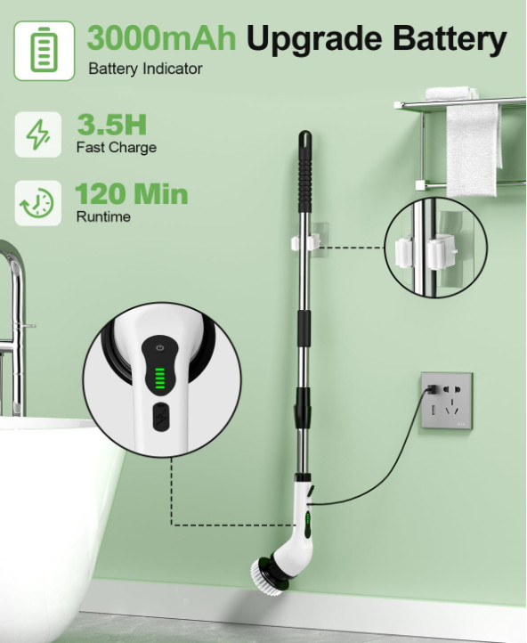 Limpiador eléctrico giratorio con 9 pads y mango extensible, IPX7, doble velocid