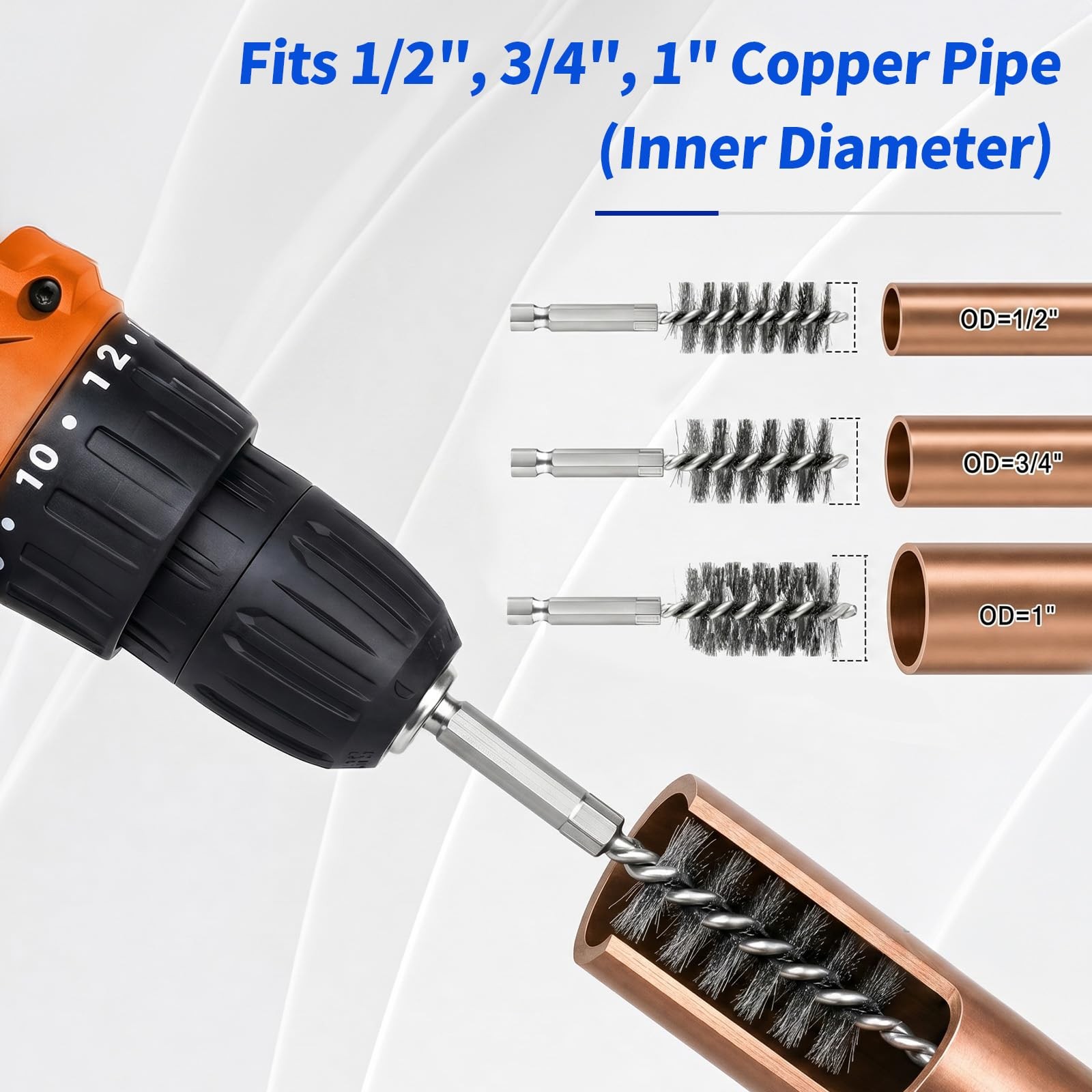 1/2″, 3/4″ & 1″ Copper Pipe Cleaner for Drill, with 1/4″ Hex Shank & 6 Brush …