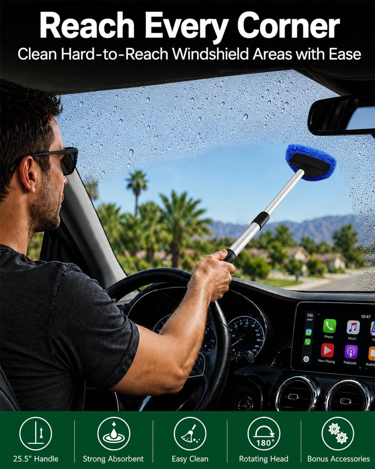 25.5” Extra-Long Windshield Cleaner Tool Kit – Super Absorbent Coral Velvet, Str