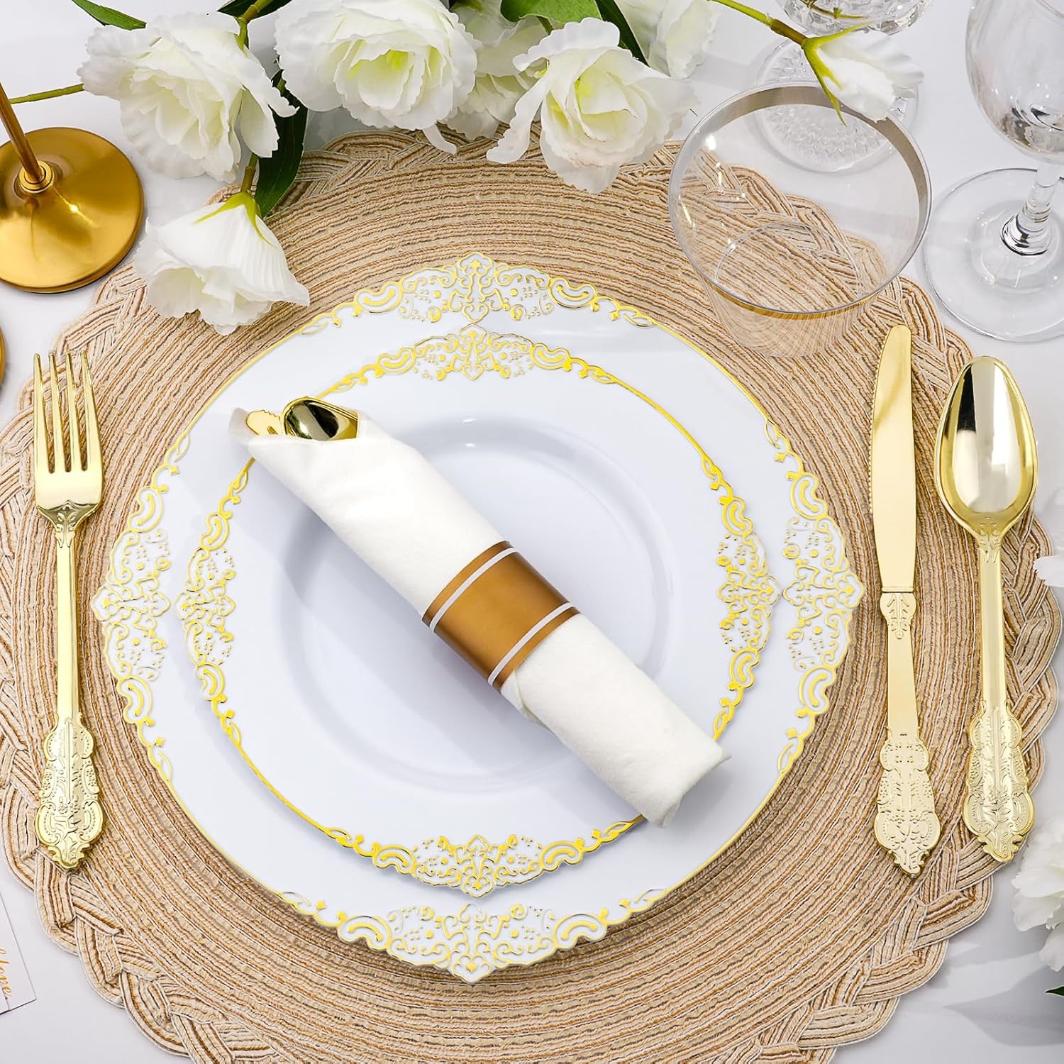Realluck 350 PCS White and Gold Plastic Plates, Plastic Dinnerware Set for 50