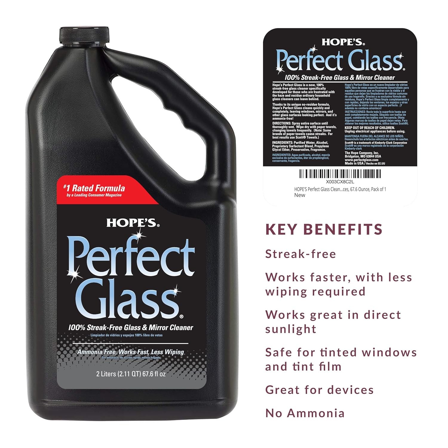 HOPE’S Perfect Glass Cleaner Spray Refill, Streak-Free, Ammonia-Free Window, Mir