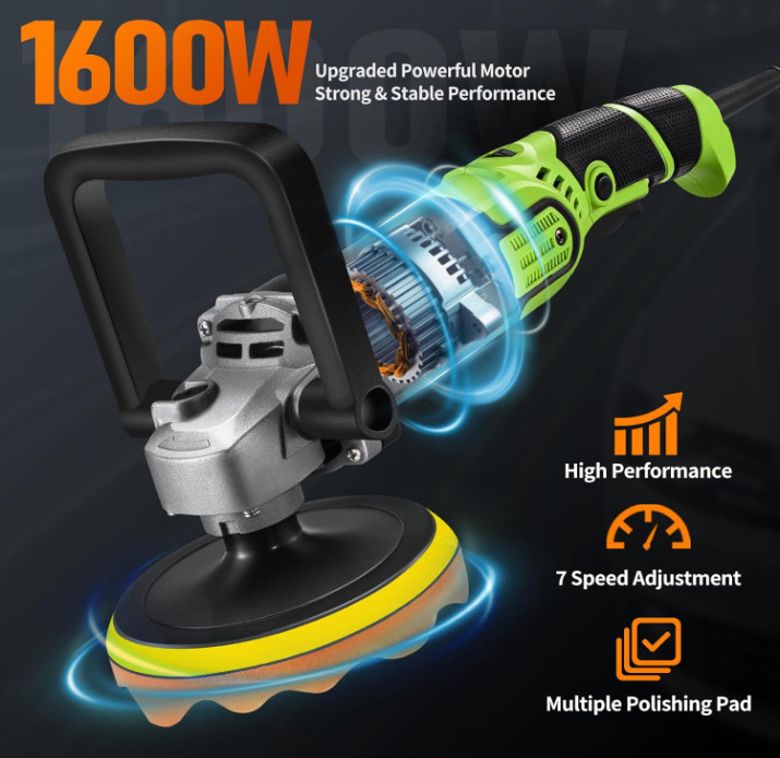 Pulidora Rotativa 1600W 6″/7″ 7 Velocidades 1600-3500RPM Auto Barco Piso, Nuevo