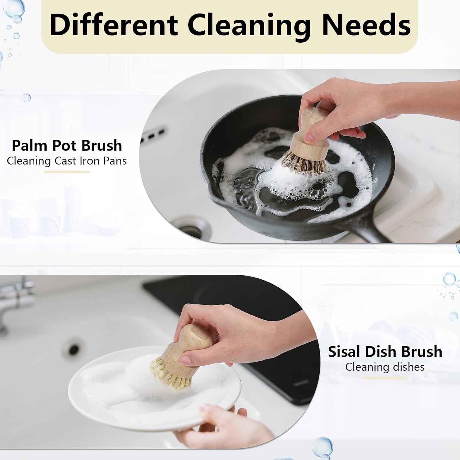 5 Pack Bamboo Dish Brush Set, Wooden Dish Brush with 14’’ Bottle Brush, Natural