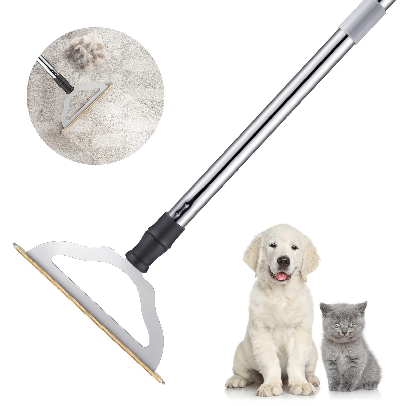 47 Adjustable Long Handle Carpet Rake Pet Hair Remover Reusable Large Metal Lin