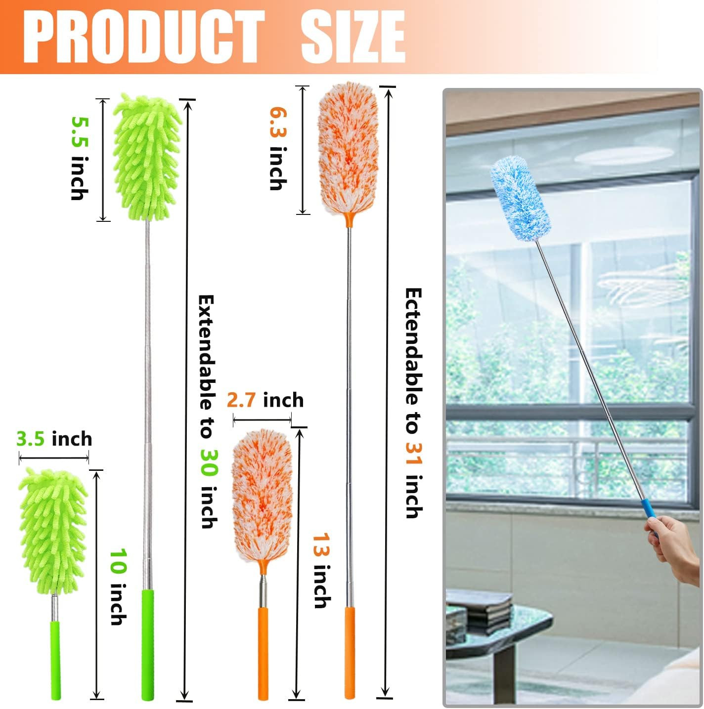 Extendable Microfiber Chenille Duster 4 Pack Bendable Head Telescoping Pole