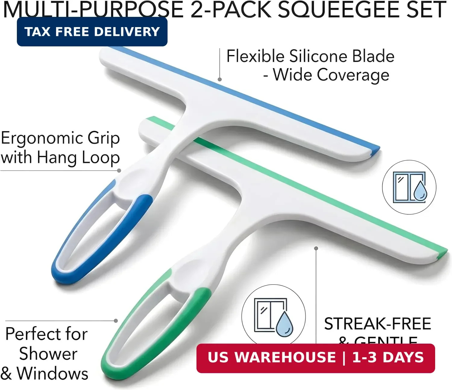 2 Pack Shower Squeegee for Glass Doors – 9.5″ Silicone Blade Window Cleaner Tool