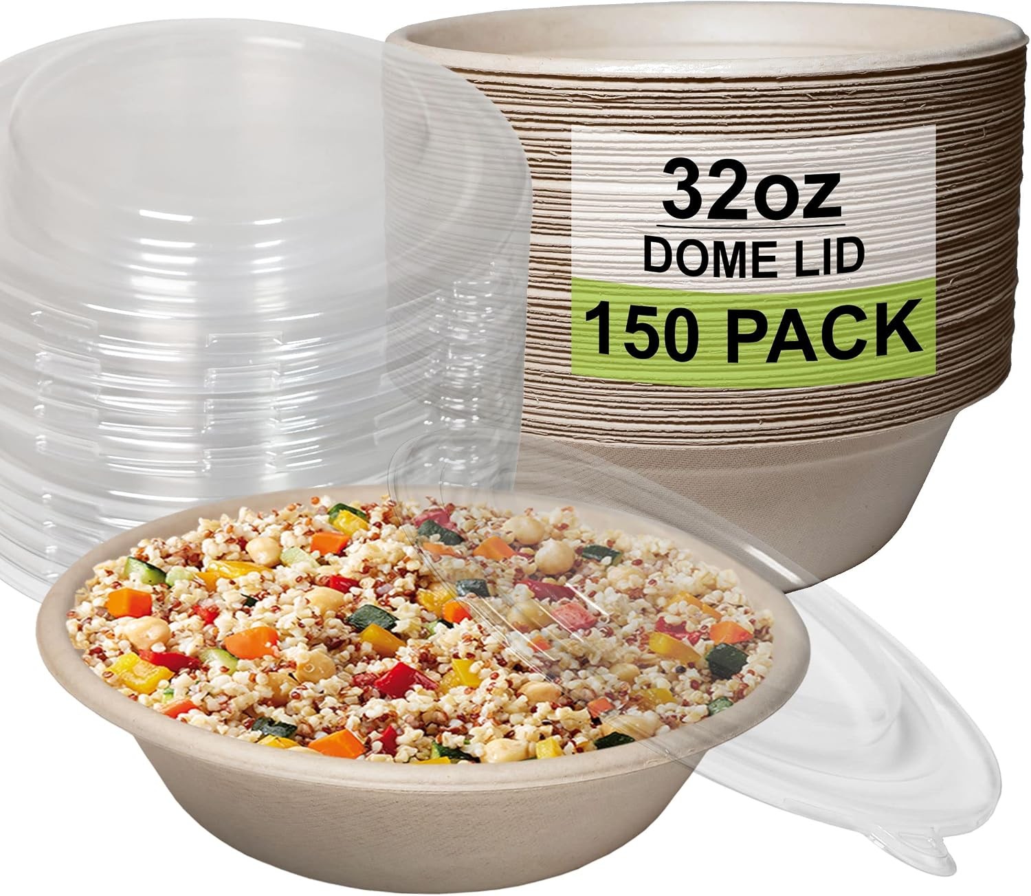 150 Count – EcoQuality 32oz Round Disposable Bowls with Dome Lids Natural Suga