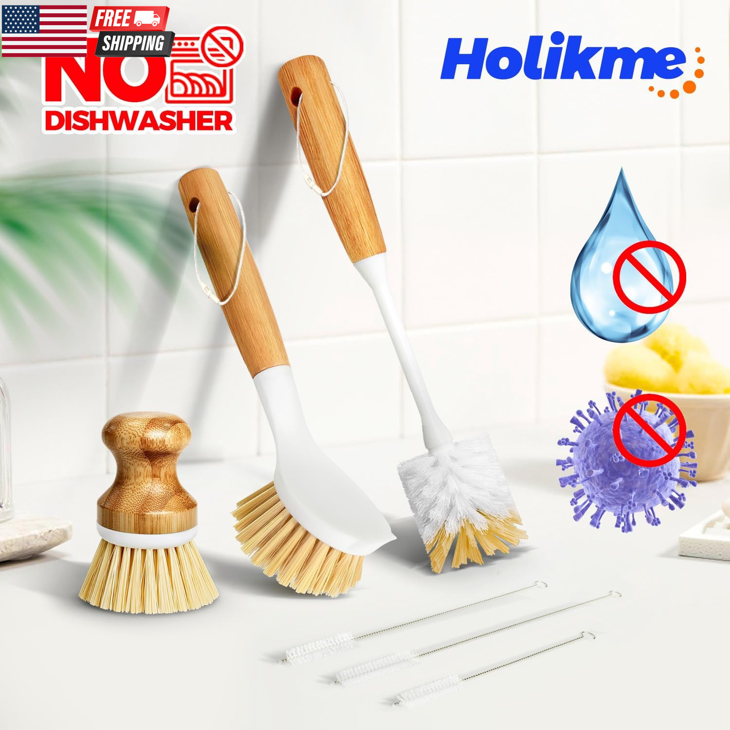 6 Pack Dish Brush Scouring Pad Set with Bottle Brush, Dish Brush, Palm Scrub Bru