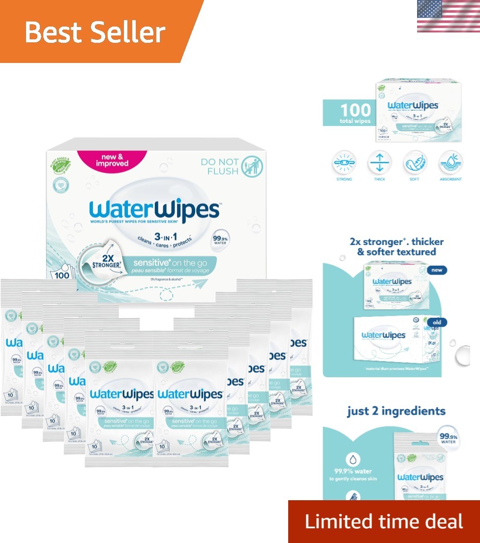 3-in-1 Hypoallergenic Disposable Wipes – 99.9% Water, Travel Size Pack of 10