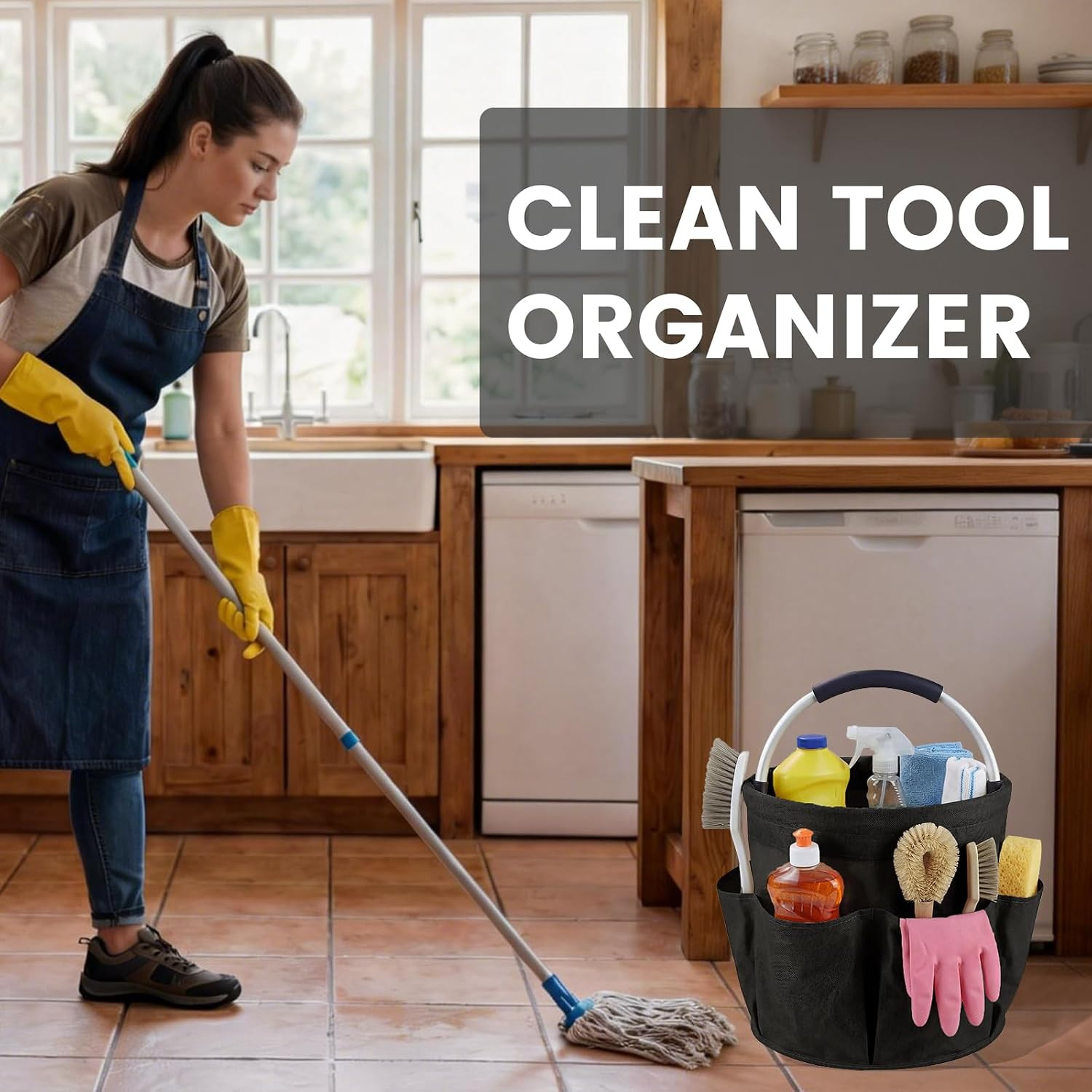 Cleaning Caddy with Handle and 6 Pockets, 17L Cleaning Supplies Organizer, 600D