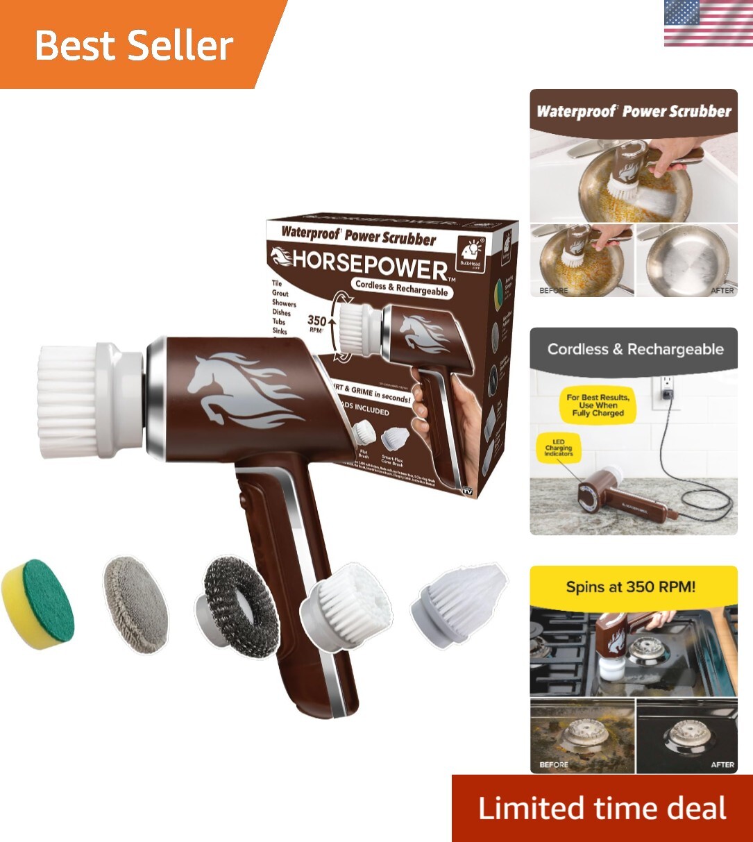 Versatile Horsepower Scrubber: 350 RPM Electric Cleaner for Indoor & Outdoor Use