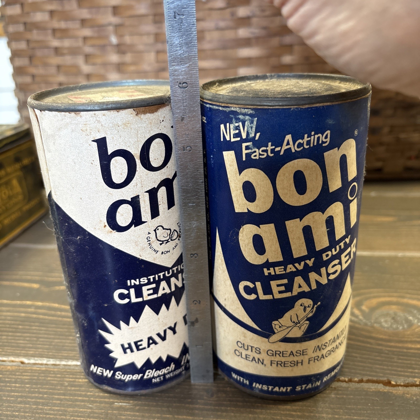 2- 1950s Bon Ami Cleanser Cans Institutional Cleanser Blue Advert Vintage FULL