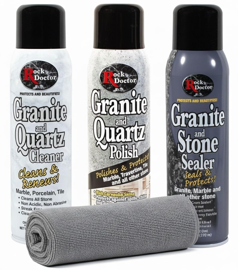 Granite & Quartz Cleaner Care Kit – 4 Piece Stone Maintenance Combo with Microfi