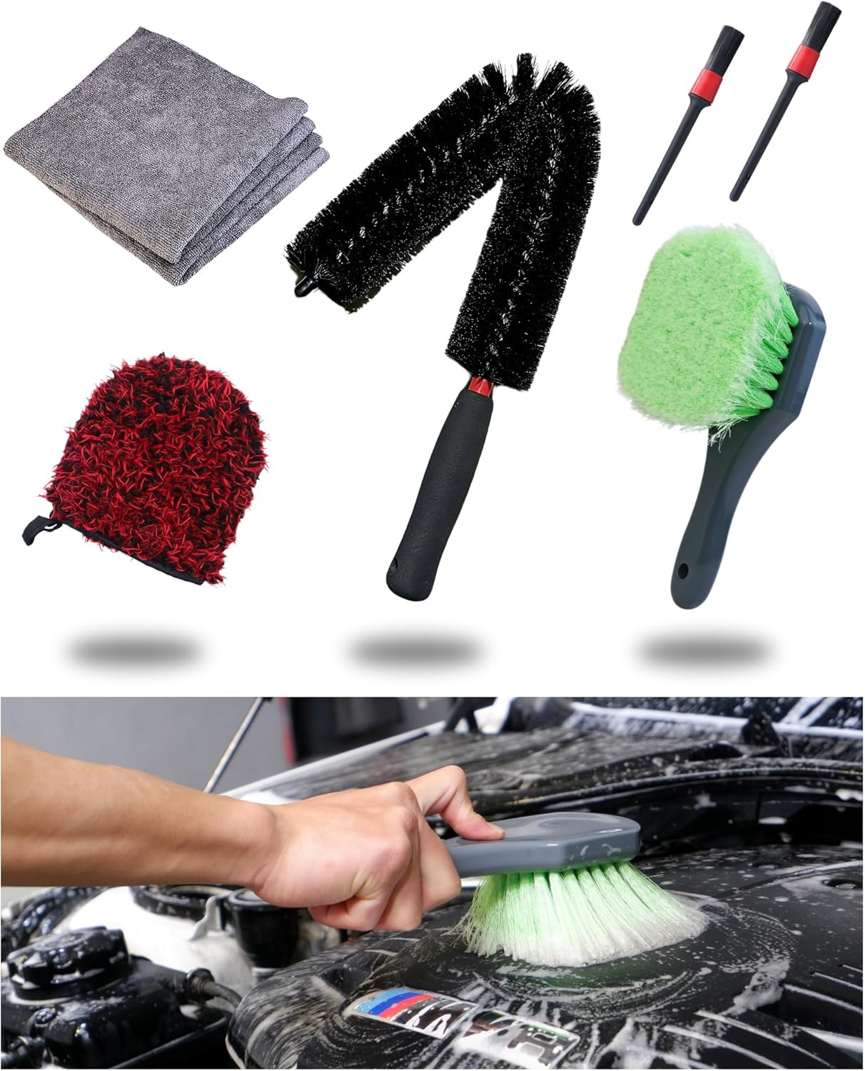 7PACK Car Engine Bay Details Cleaning Kit, Soft-Bristled Engine Surface Brush,Lo