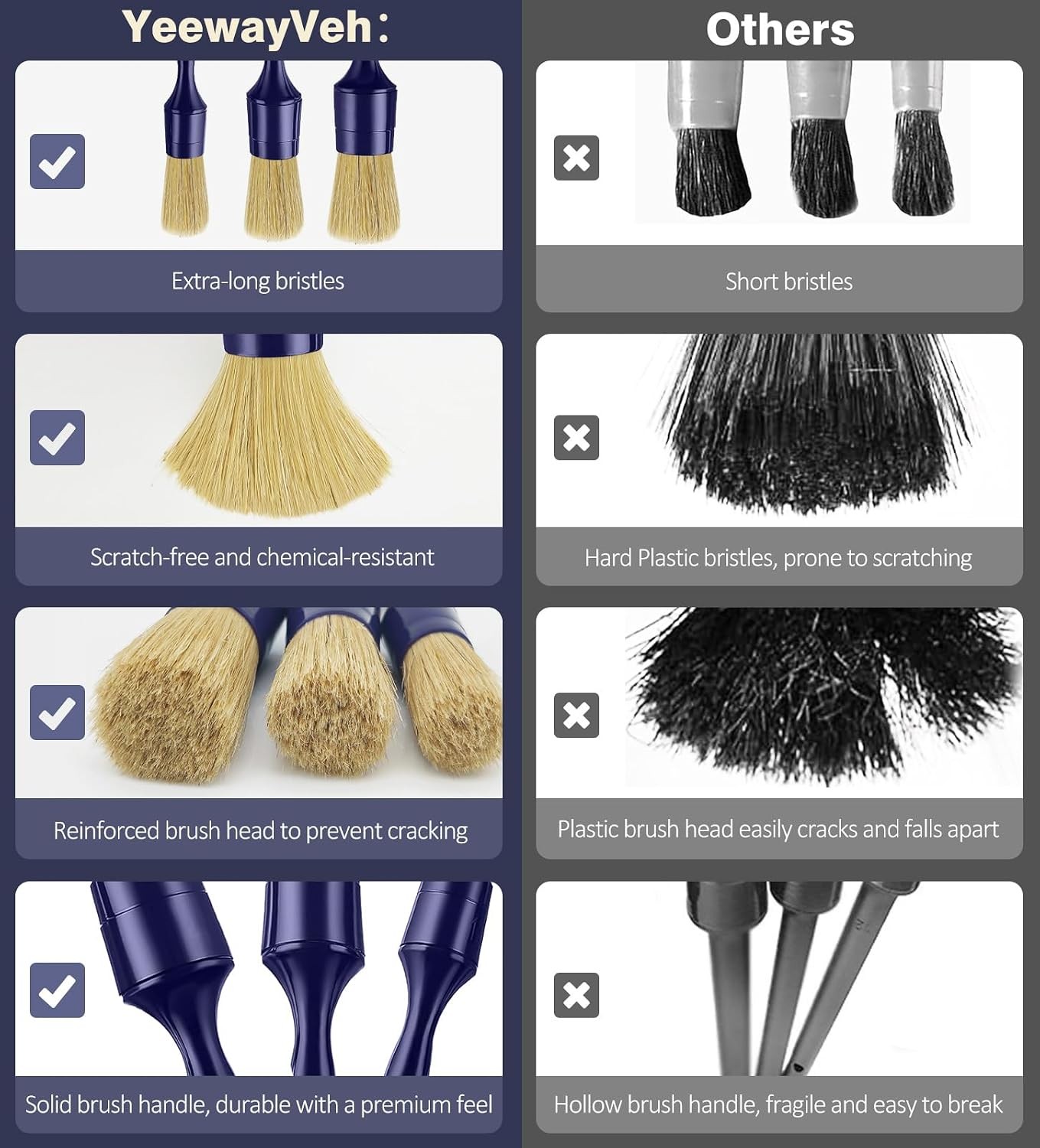 Car Detailing Brush Set, 3 Pack Ultra Soft Boars Hair Detailing Brushes for