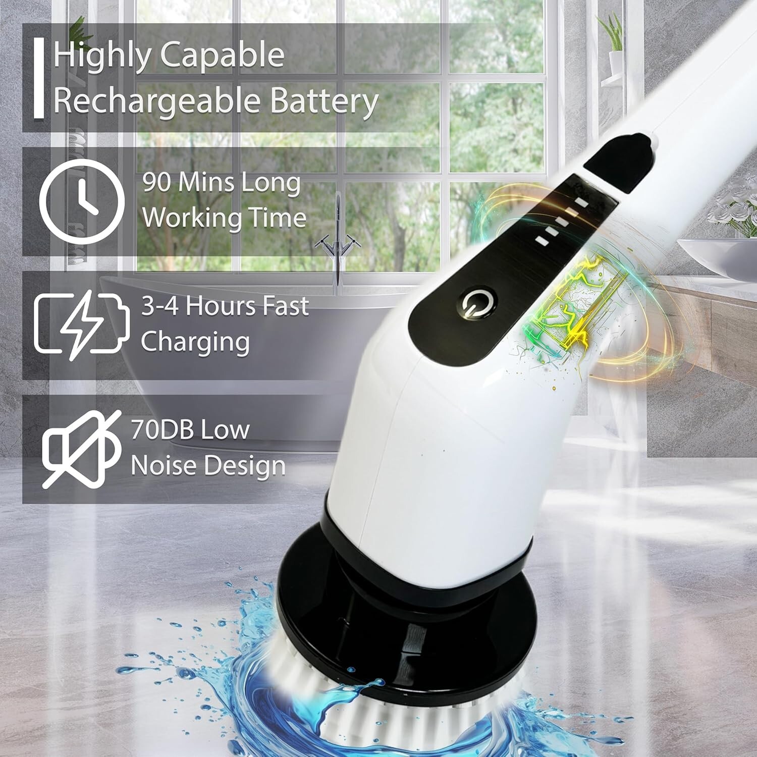 Electric Rotating Washer, Long Handle For Shower Cleaning Brush w/6 Brush Heads