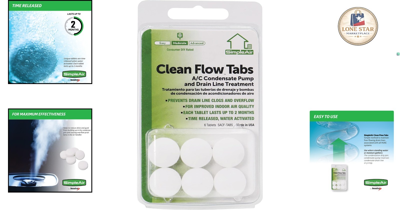 6 Pack SACF Clean Flow Tabs for Effortless HVAC Drain Line Care – Biodegradable