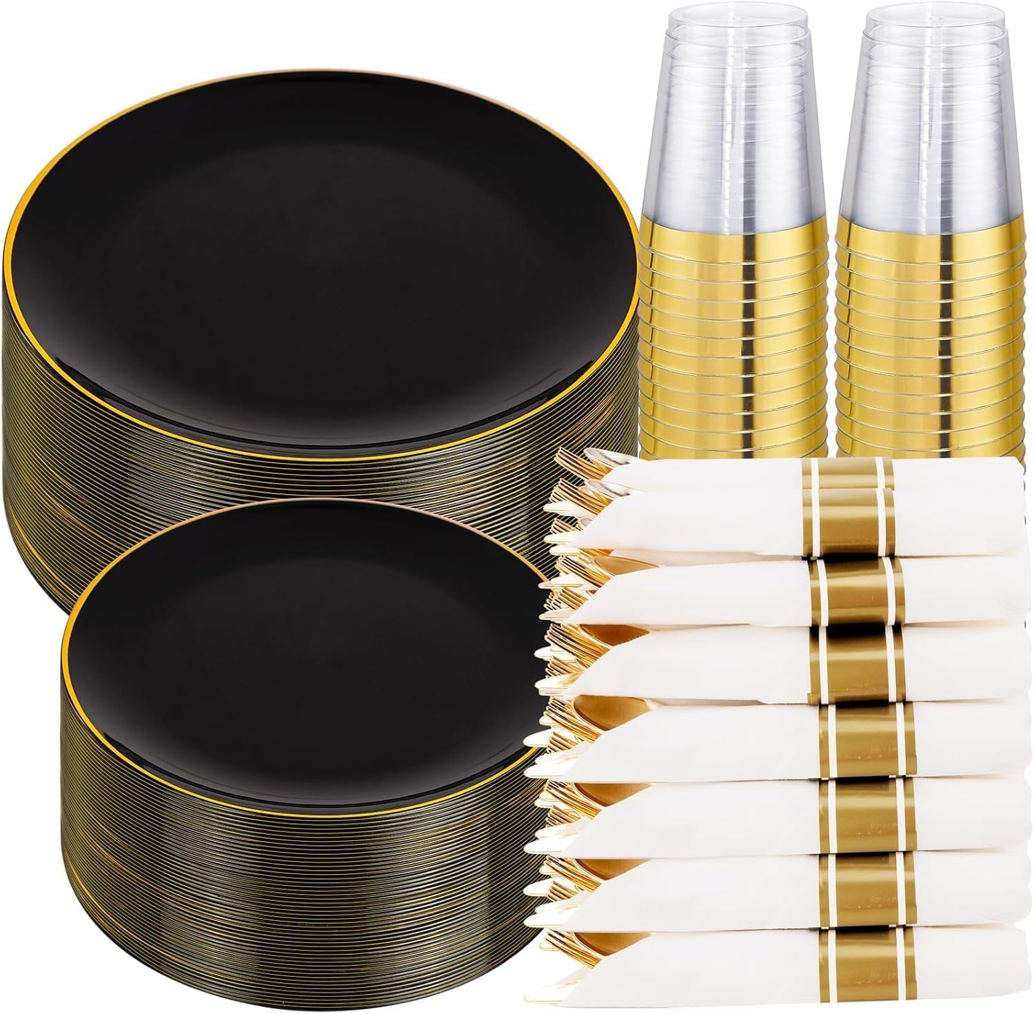 KIRE 350 PCS Plastic Dinnerware Set for 50 Guests – Black and Gold Plates 50 f