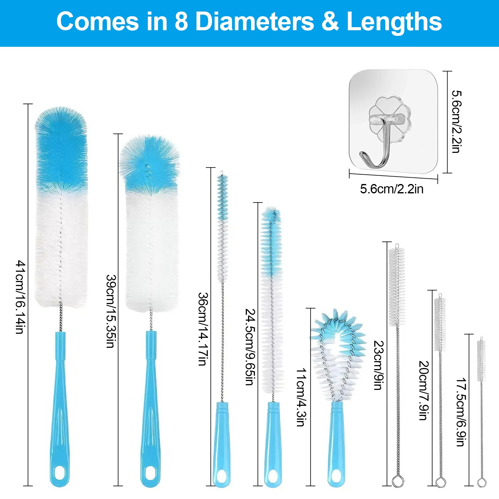 8PCS Long Handle Bottle Brush Set Plastic Cleaner Bottles Straws Cups Blue Green