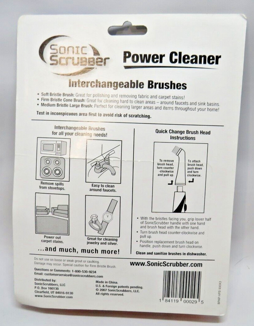 Sonic Scrubber Power Cleaner Interchangeable Brushes (3) All Purpose Household 