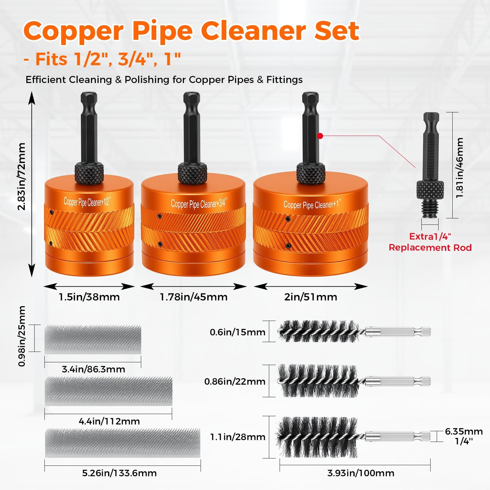 Copper Pipe Cleaner Set for Drill Fit 1/2″ & 3/4″ & 1″ Metal Pipes with 1/4″ …