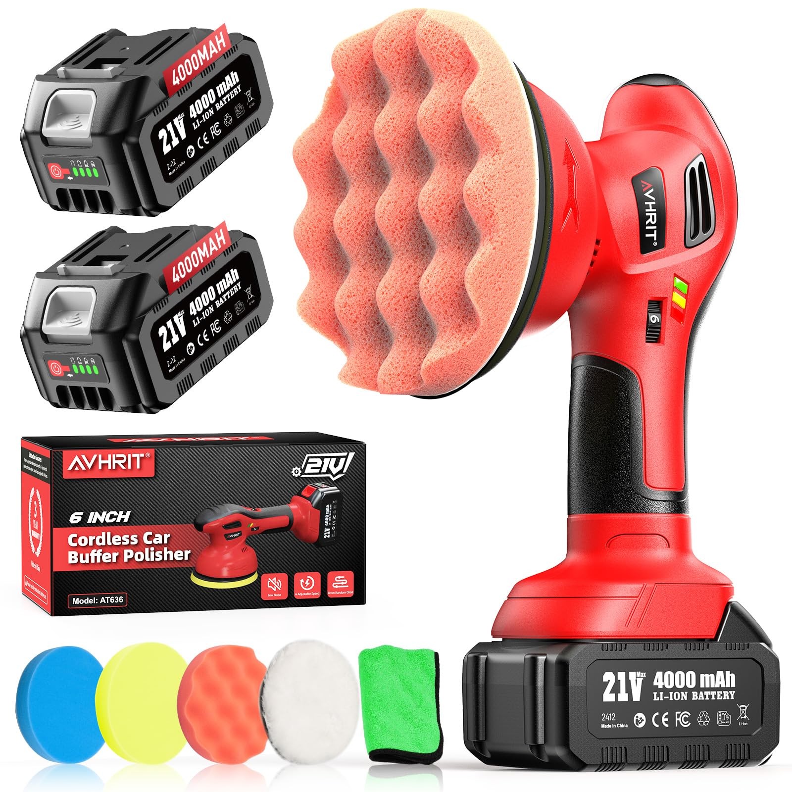 Avhrit 6 Inch Cordless Car Buffer Polisher: 2x4000mAh Batteries Car Buffer, C…