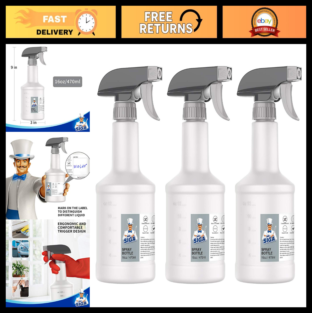 16 oz Empty Plastic Spray Bottles – Heavy Duty, Reusable, Leak Proof Nozzle, 3 P