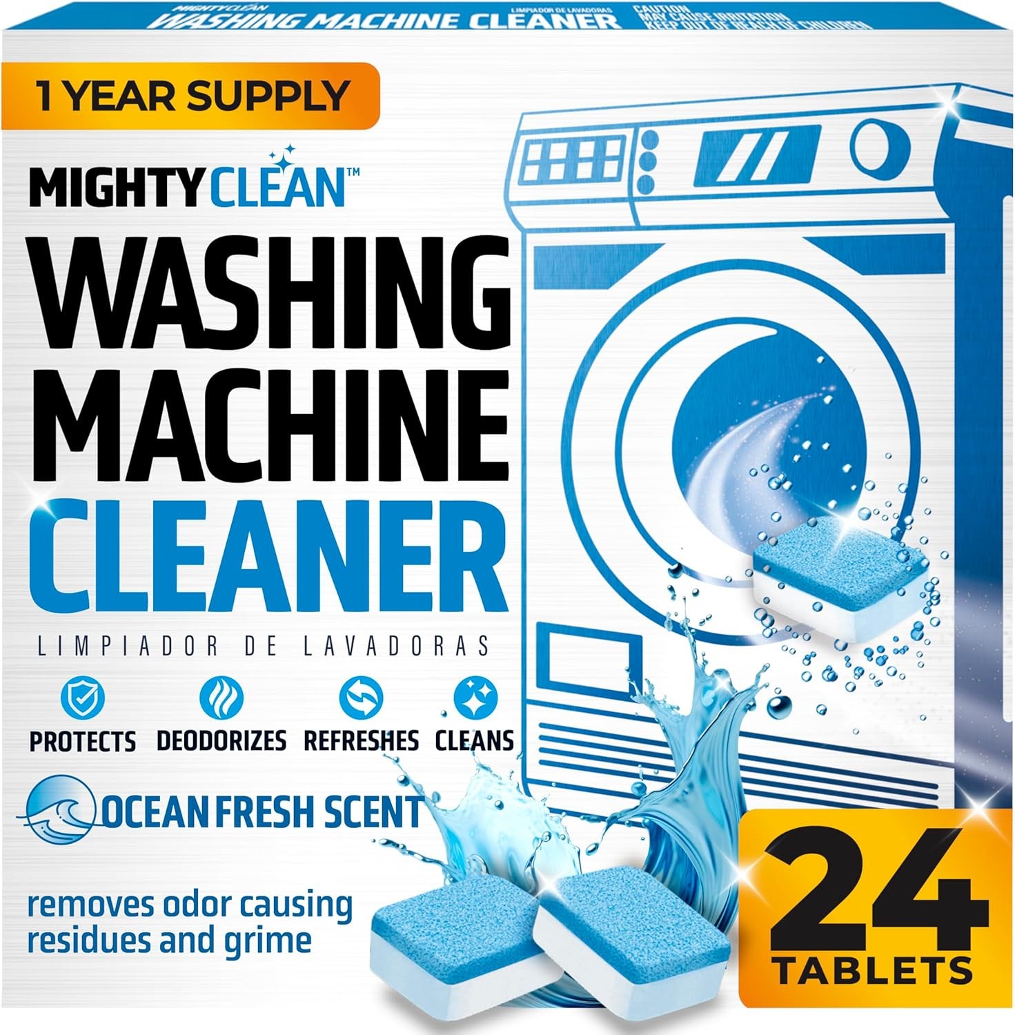 MIGHTY CLEAN Washing Machine Cleaner Tablets 24 Pack 1 Year Supply, Septic Safe