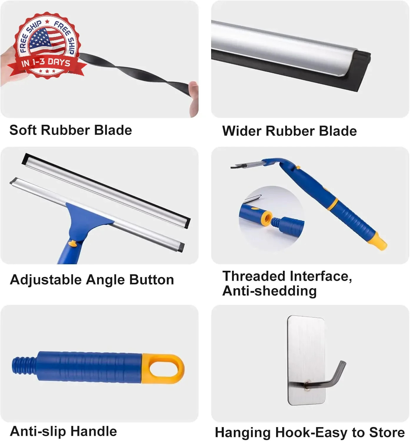 12 Inch Rotatable Shower Squeegee Heavy-Duty Rubber Blade for Bathroom Glass Cle