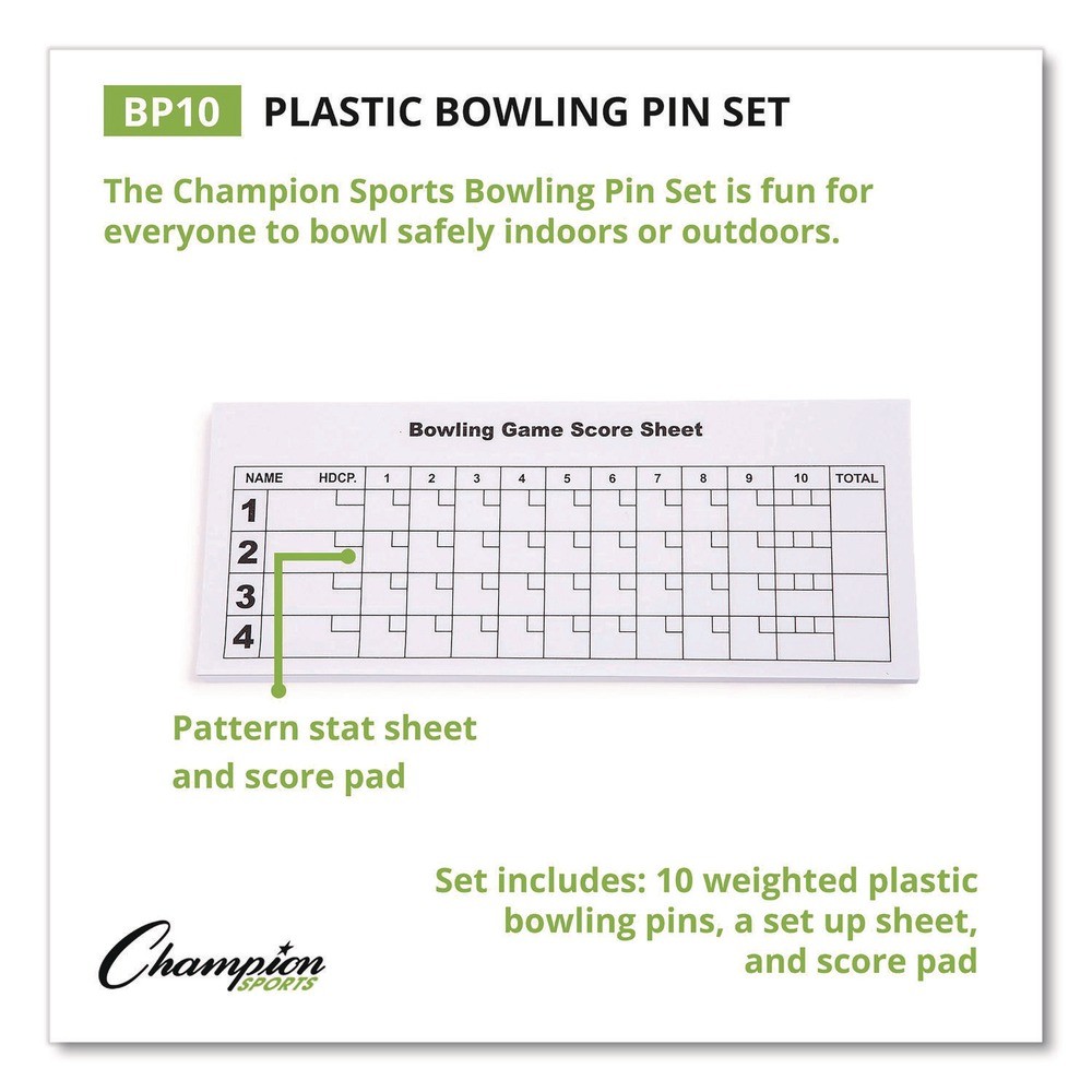Champion Sports BP10 Plastic Bowling Pin Set – White (10/Set) New
