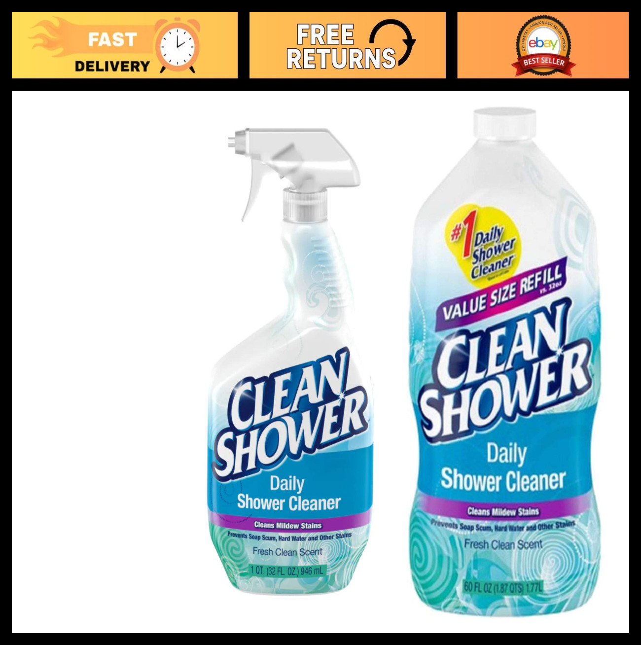 Daily Shower Cleaner No Scrub Bundle – 32oz Spray & 60oz Refill, Easy Clean!