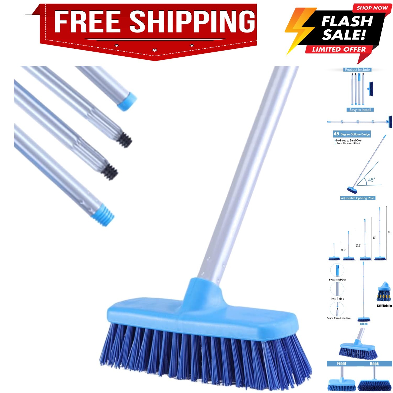 Deck Brush with Long Handle – Floor Scrub Brushes for Cleaning Shower, Stiff …