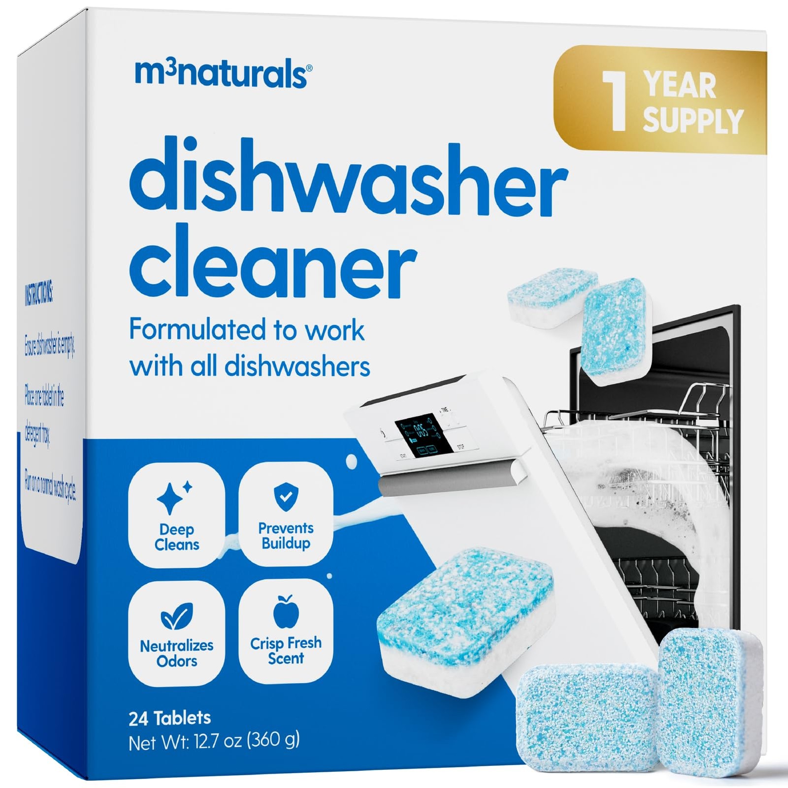 Dishwasher Cleaner Tablets Fresh Apple Scented 24 Tablets 1-Year Supply M3