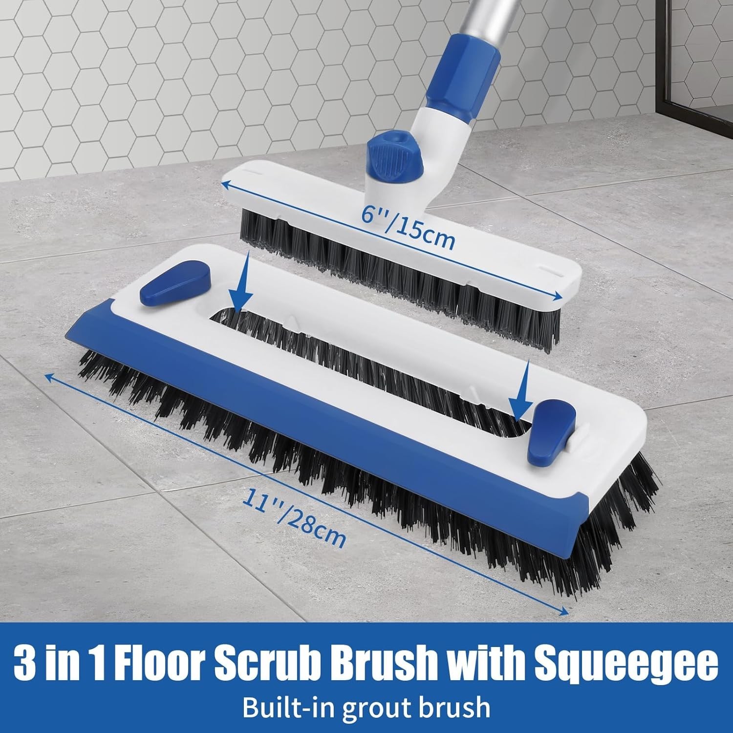 Qaestfy Floor Grout Scrub Brush with Squeegee 3 in 1, 55” Extendable Long Ha…