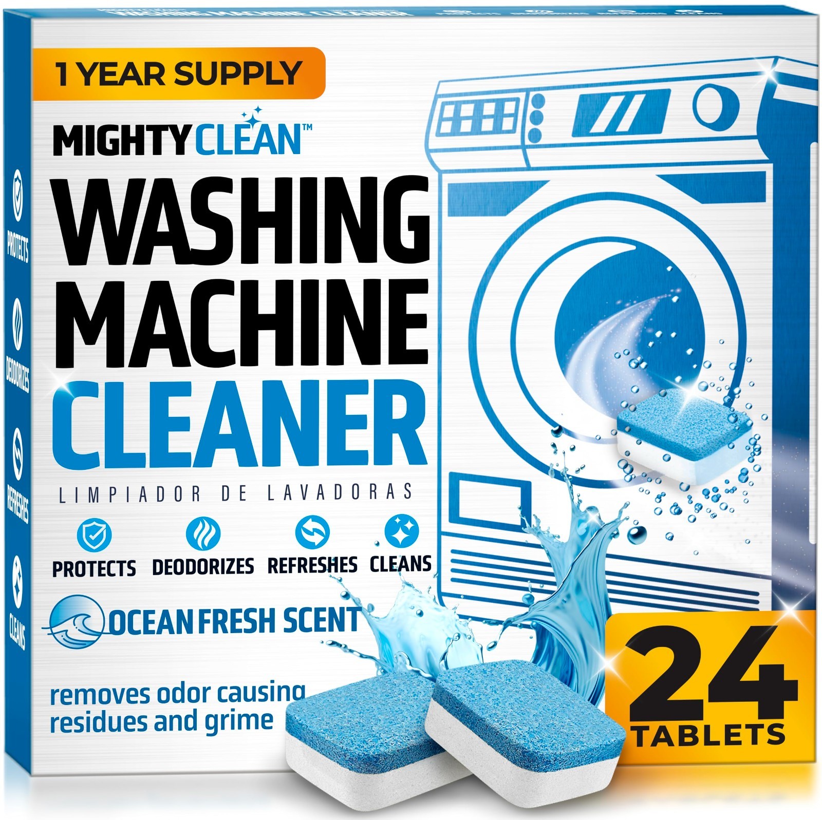 Washing Machine Cleaner Tablets 24 Pack – Septic Safe, HE Compatible, 1 Year Sup