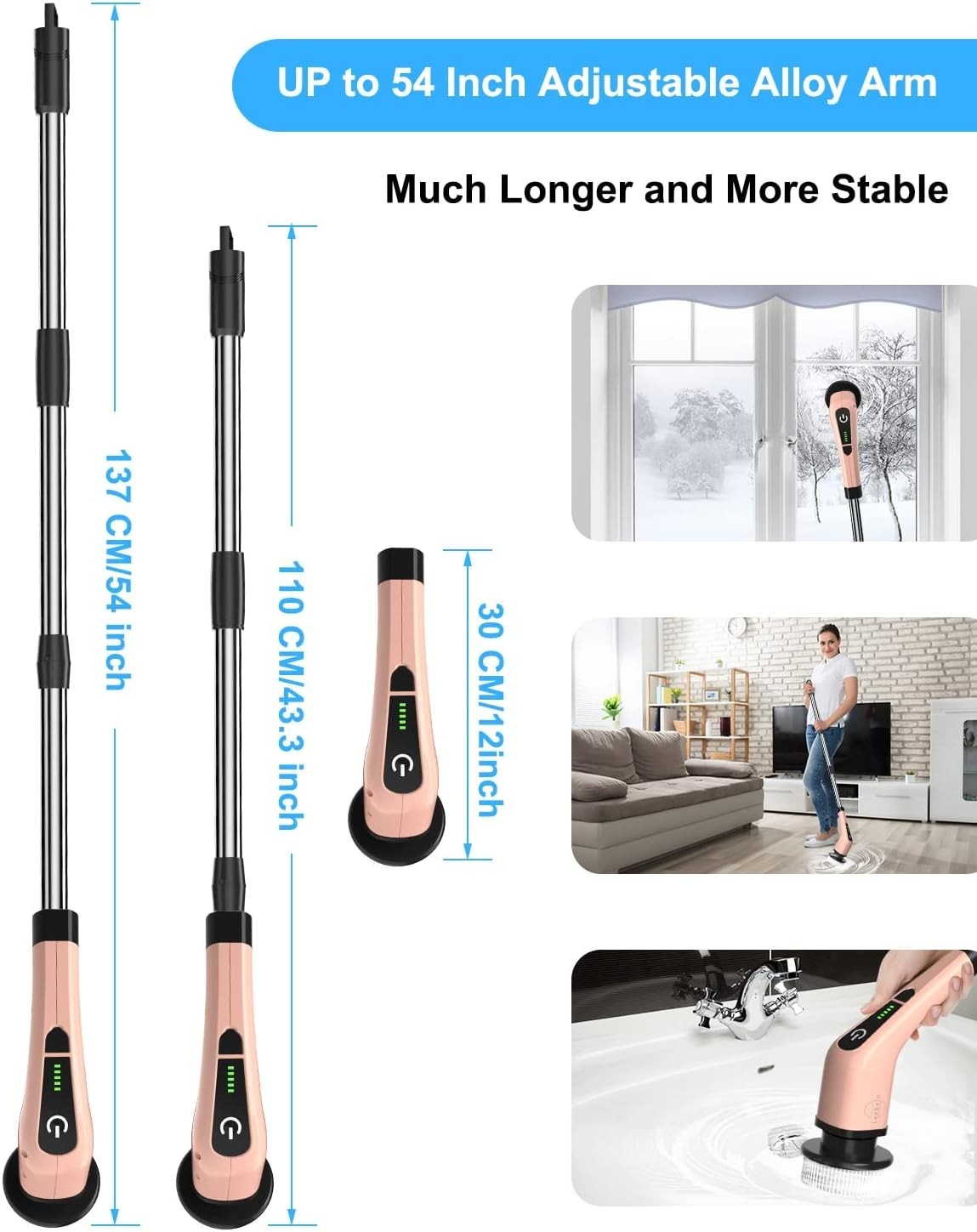 Electric Spin Scrubber with Long Handle and 8 Brushes – Rose
