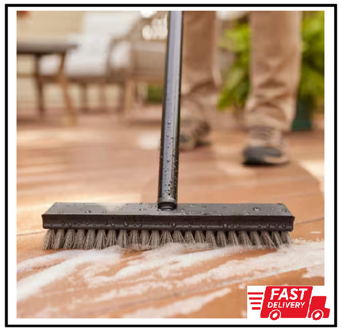 HDX 12 in. Plastic Deck Scrub Brush with 50 in. Steel Handle Stiff Bristles 1Pk