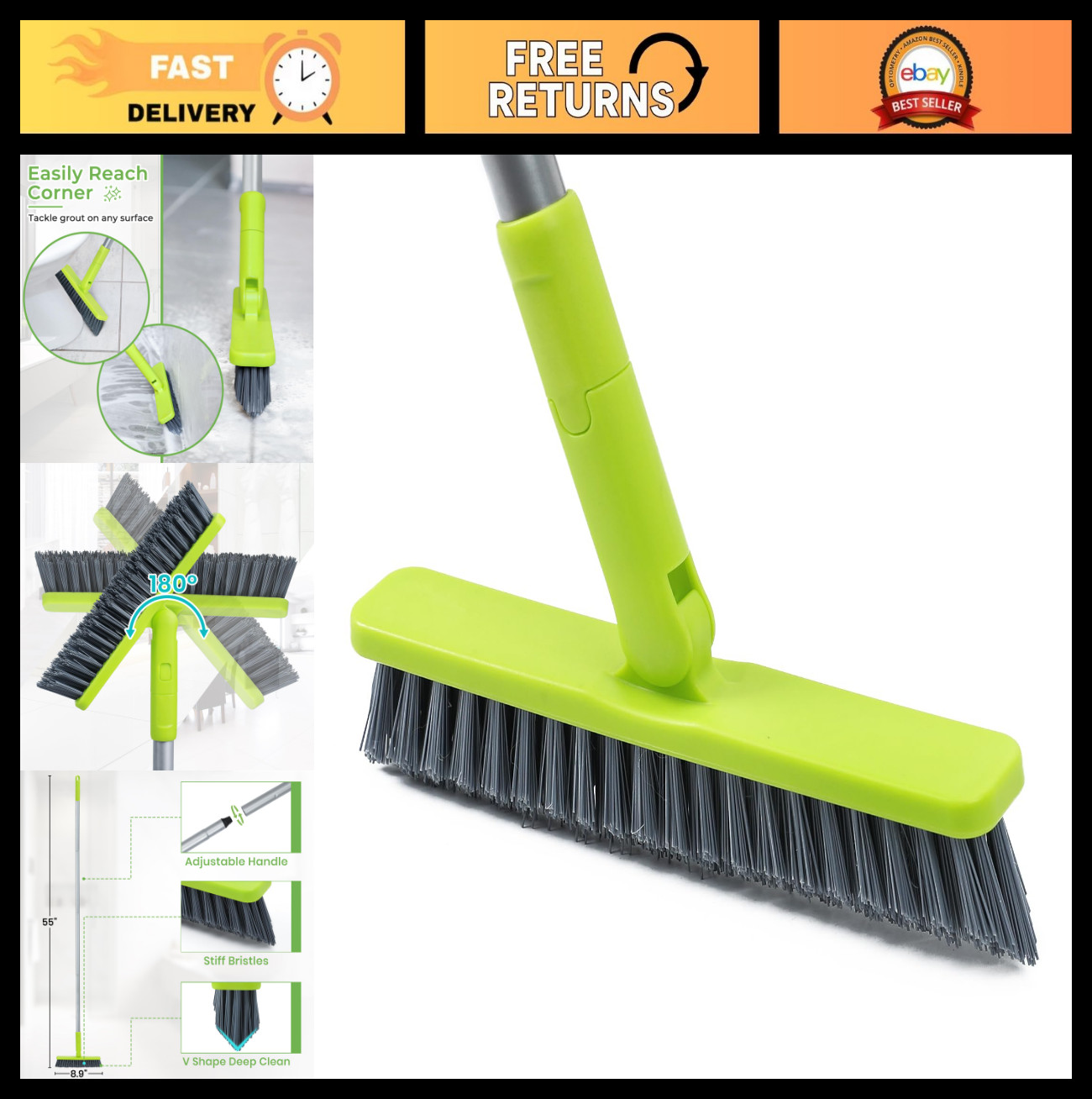 Long Handle Grout Cleaner Brush – Heavy Duty Floor Scrub for Shower & Tile Clean