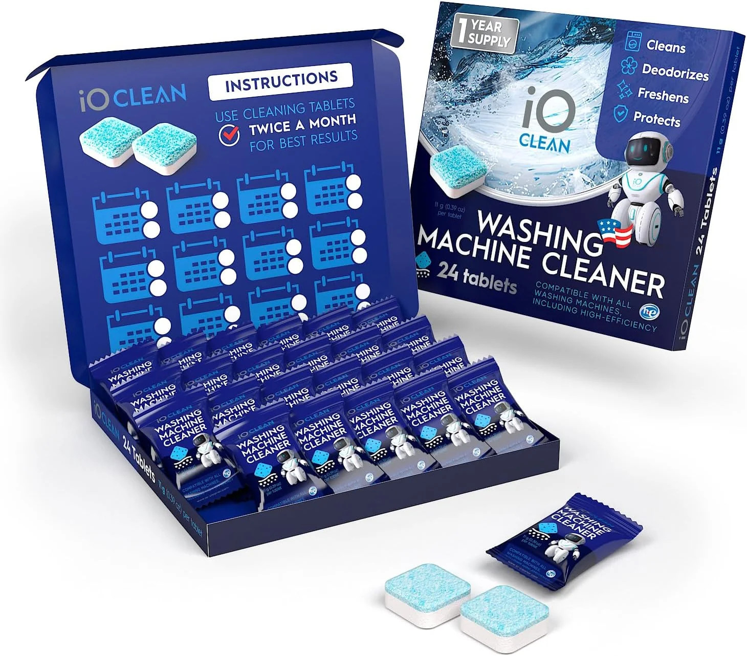iO CLEAN Washing Machine Cleaner Descaler Tablets, 24 Count (1 Year Supply) – De