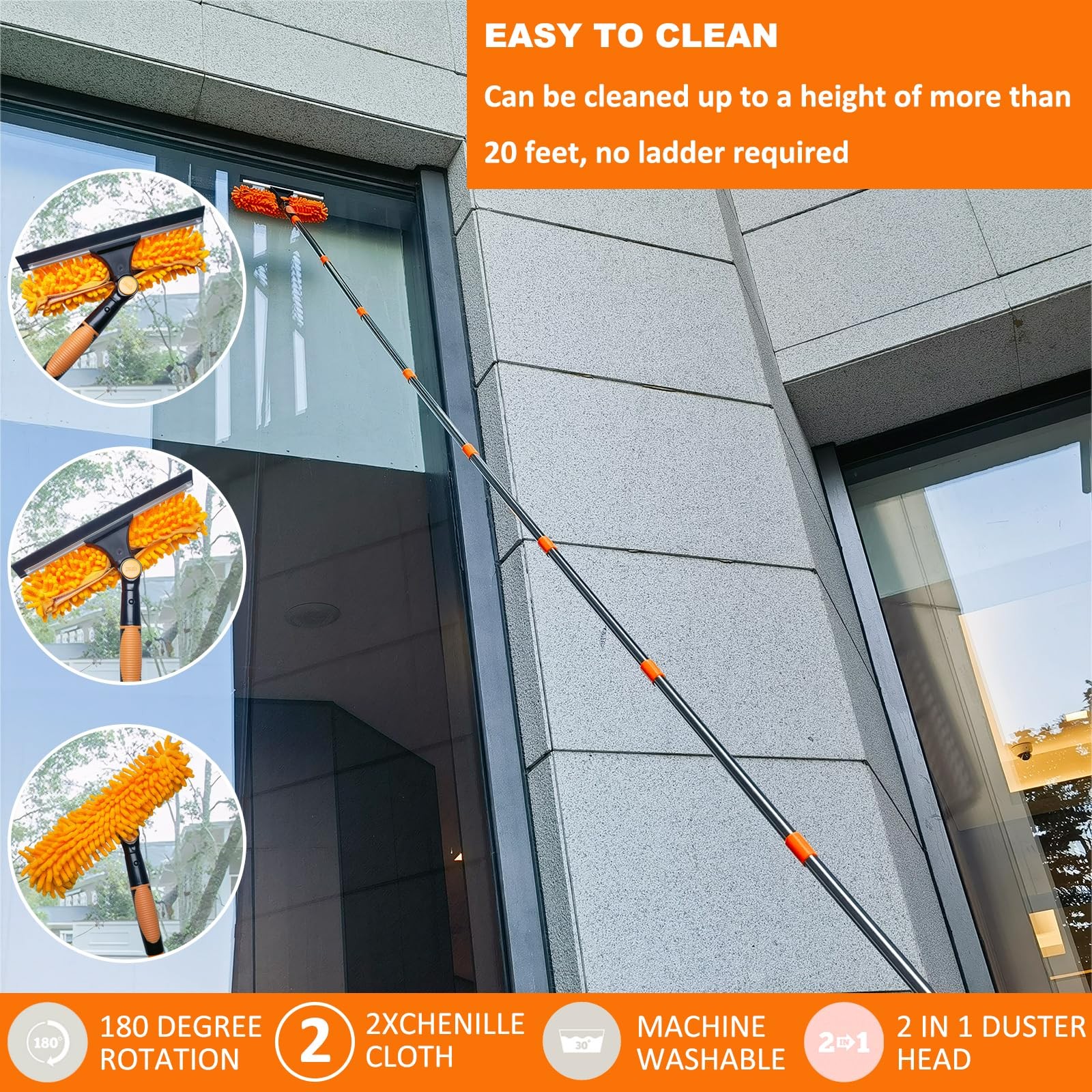 20+ Feet Reach 2 in 1 Window Washing Squeegee & Duster with 3-14 ft Orange