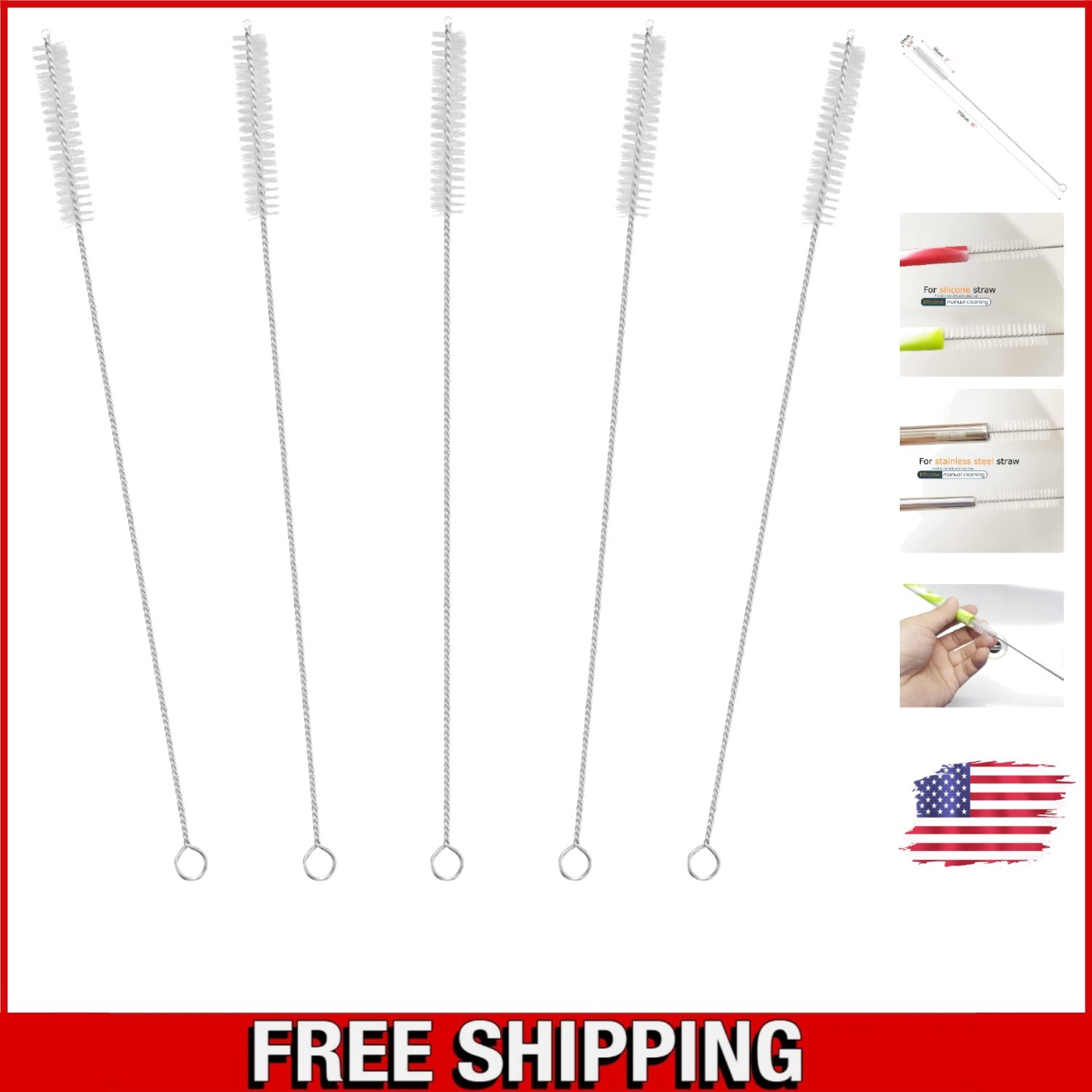 10″ Extra Long Straw Cleaning Brushes Set – 5 Durable Nylon & Stainless Steel