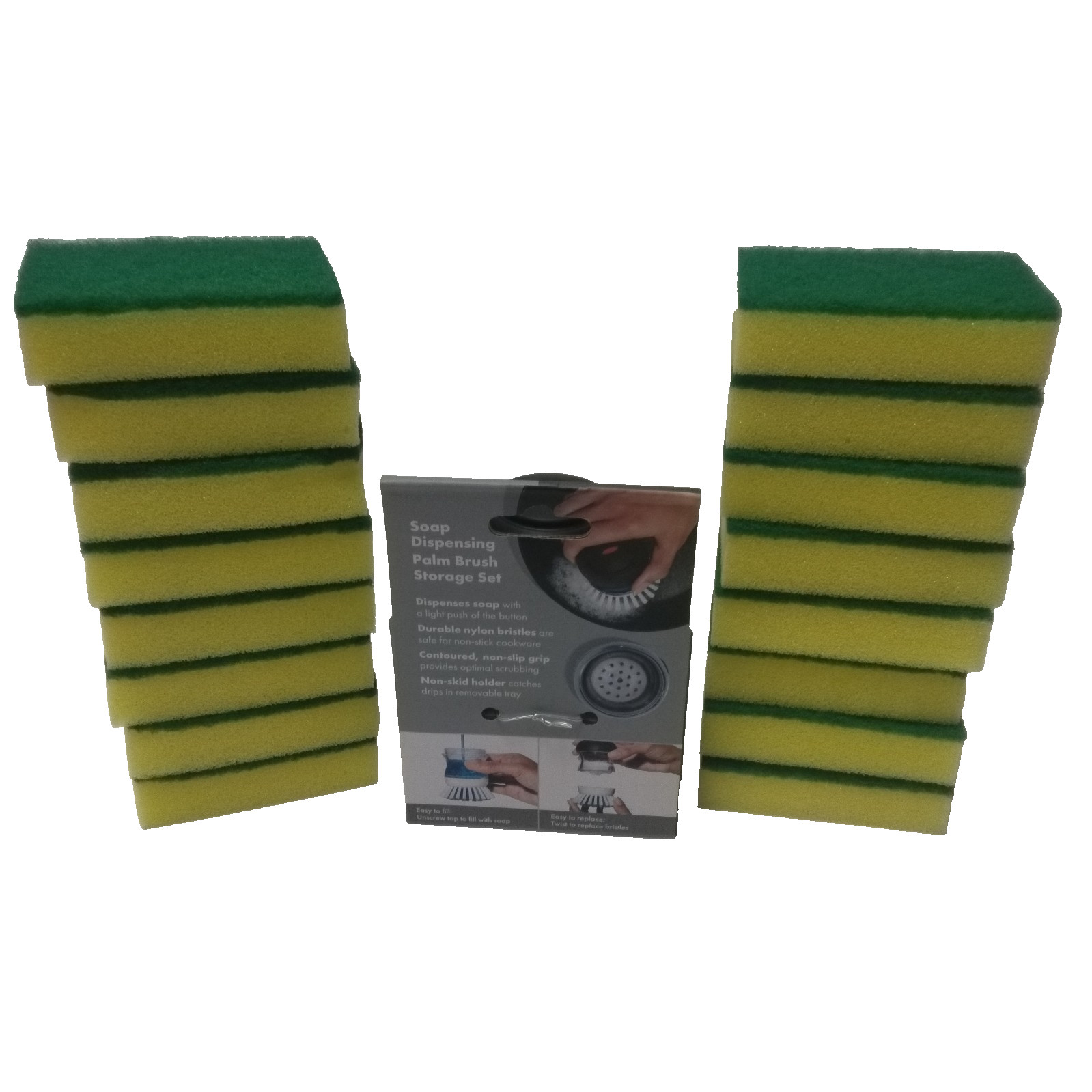 Oxo soap dispensing palm brush storage set and 16 Unbranded Scrub Sponges