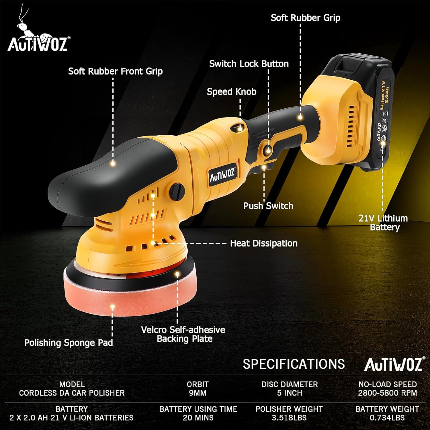 Cordless Car Buffer Polisher, 2x2000mAh 21V Batteries 5 Inch Random Orbital